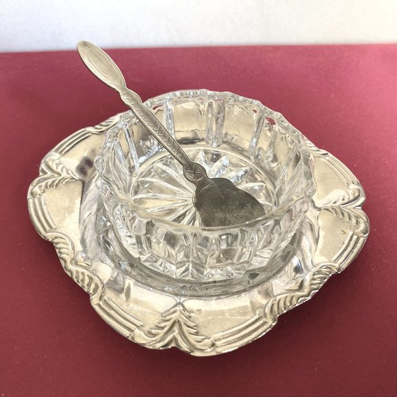 ANTIQUE OPEN SALT DIP CELLAR EARLY PRESSED GLASS B CHROME LINER PLATE & SPOON